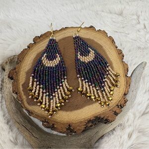 Beaded Fringe Moon Earrings